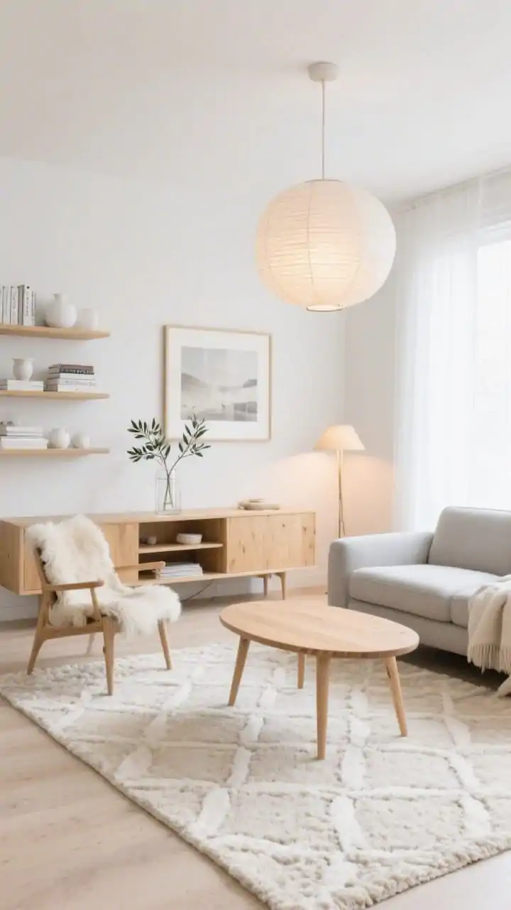 Straight-on medium shot, Scandinavian Serenity: blonde wood media console and slim pebble-gray sofa; pale oak accent chair draped with a sheepskin throw; oval ash-wood coffee table on tapered legs; cream patterned flatweave rug; shelves styled with white stoneware, stacked books, and a single olive branch in a glass cylinder; paper lantern pendant overhead with layered lighting (picture light over framed print, warm LED floor lamp); bright, airy, soft textures, photorealistic.