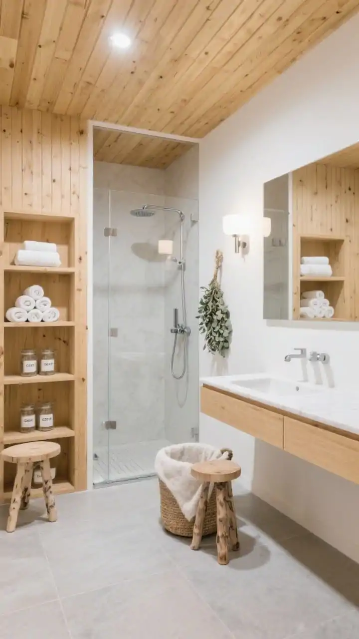 Straight-on medium shot: Scandinavian steam room vibes with blonde wood, snowy whites, and soft grays; honey-toned slatted wood accent wall or ceiling adding warmth; floating light oak vanity with a white quartz counter and matte white faucets; pale gray porcelain floors mimicking concrete; frameless glass shower with a linear drain and steam-ready fixtures; open cubbies storing rolled towels and labeled apothecary jars; dimmable overhead lighting plus a single sconce for evening rituals; minimal decor: a birch stool, a wool felt laundry basket, and a single eucalyptus bundle hanging in the shower; clean, calm, functional wellness mood, photorealistic.