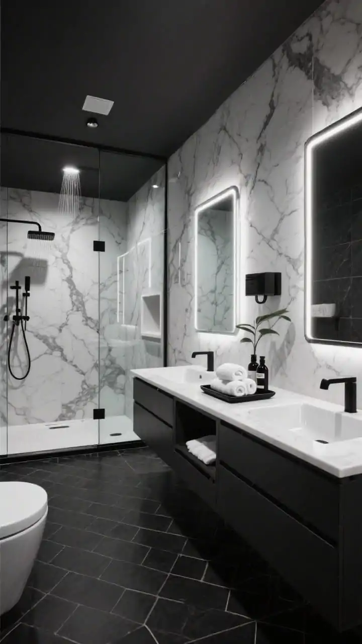 Straight-on medium-wide shot: A modern hotel spa bathroom in monochrome with a black, white, and charcoal palette; wall-mounted double vanity with integrated sinks and ultra-thin black hardware; large vein-cut marble-look porcelain slabs on the walls for dramatic veining; matte black hex tile flooring; glass-enclosed curbless shower with a rainfall head; backlit LED mirrors creating a soft halo glow; recessed niches and concealed drawers for zero clutter; styled with rolled white towels, a sleek black tray with coordinated bottles, and a single architectural plant; crisp edges, clean-lined luxury, photorealistic.