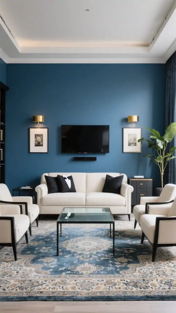 Straight-on medium-wide shot, symmetry chic parlor prioritizing conversation over TV: tuxedo sofa centered on the focal wall, cream upholstery. Opposite are matching armchairs, slightly angled, with a rectangular glass coffee table in between for visual lightness. Ink blue walls, black metal accents, Persian-style rug underfoot. TV is mounted above a low credenza off to one side; a tall plant balances the opposite side. Twin brass picture lights above framed prints add gallery vibes. Photorealistic, refined hotel-lobby elegance, soft directional lighting.
