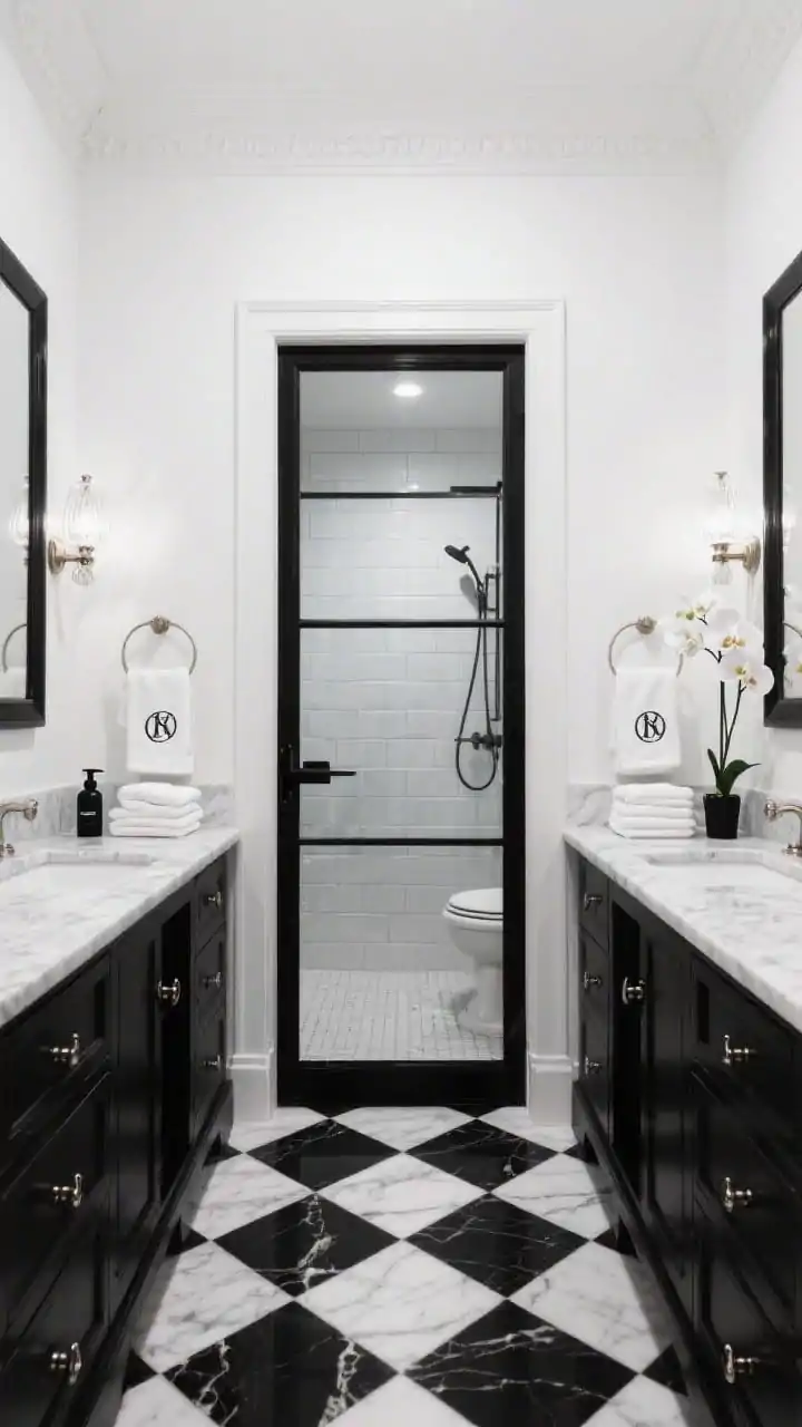 Straight-on, symmetrical wide shot of a black-and-white classic bathroom: diagonal checkerboard floor in black and white marble, crisp white walls with crown molding, black double vanity with polished nickel pulls and a Carrara marble top, twin glossy black-framed mirrors, milk-glass sconces on either side, shower with white subway tile, charcoal pencil trim, and a black-framed glass door. Styling: monogrammed towels neatly folded, a single white orchid, black soap dispensers. Bold, graphic, timeless.