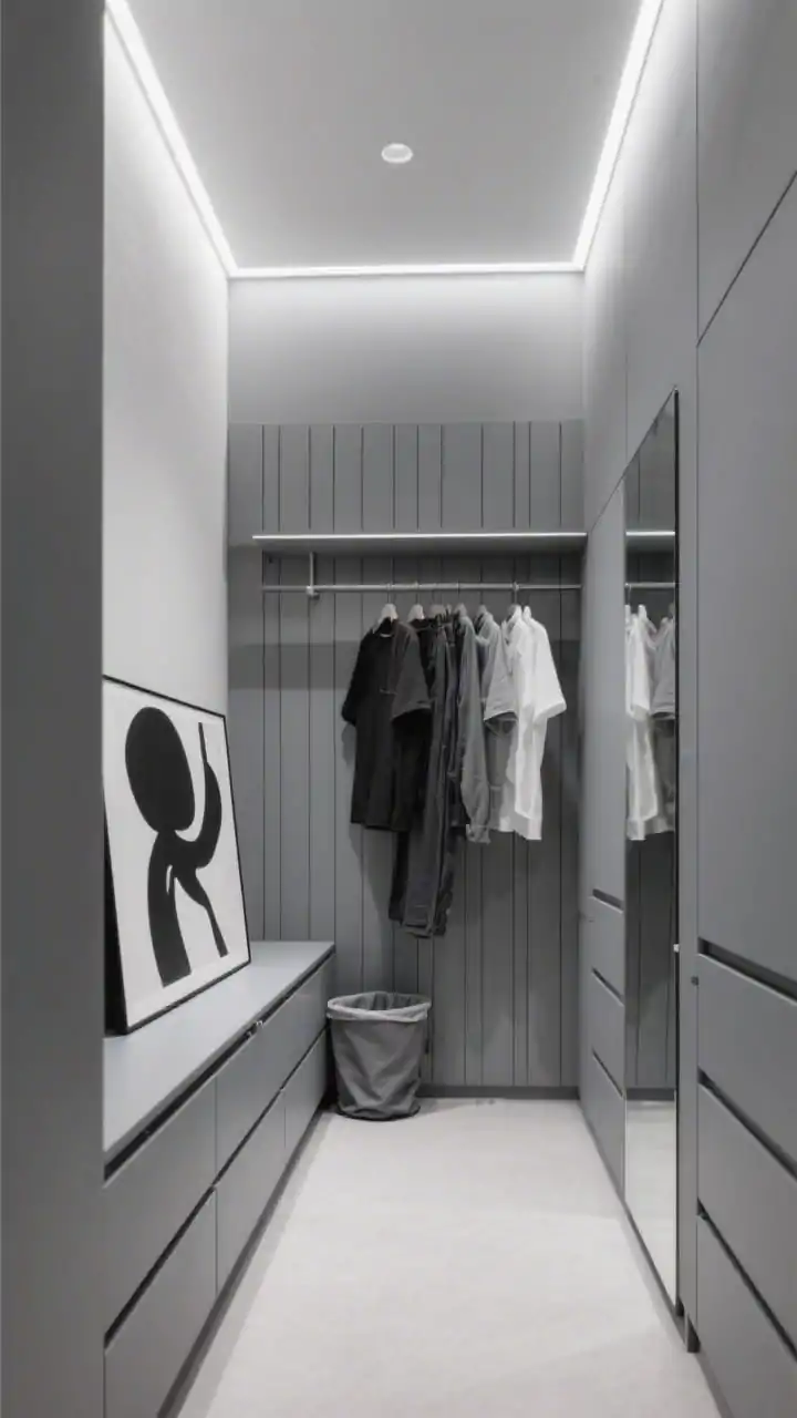 Straight-on wide shot: A sleek monochrome modernist small walk-in with all soft-gray melamine built-ins, handleless drawers, and a flush full-height mirror. Graphite hanging systems nearly disappear; one wall is a precision grid of vertical dividers assigning exact spots for shirts, pants, and tees. A low, shallow dresser doubles as a folding station with a hidden hamper behind a seamless panel. Perimeter LED channel lighting around the ceiling creates a soft halo effect. Include one oversized black-and-white abstract leaning on a shelf. Colors: graphite, soft gray, optical white. Photorealistic, no people.
