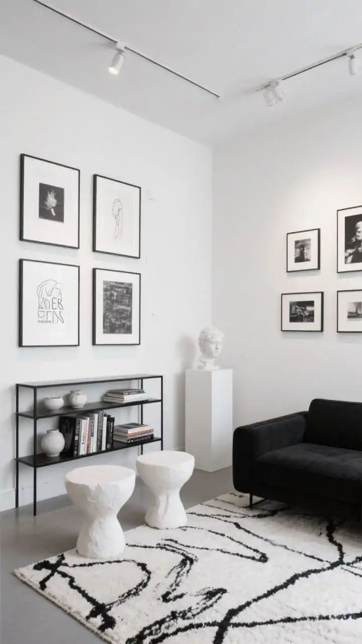Straight-on wide shot, Art-Forward Gallery Living Room: Matte white walls hosting a curated black-and-white gallery wall of photography, line drawings, and typography in varied sizes with generous white mats and archival frames; a low black sofa keeps sightlines clear; two sculptural white plaster stools near a thin black steel shelving unit holding art books and ceramics; a rug with a subtle black brushstroke pattern like a floor sketch; picture lights grazing the art and a small pedestal displaying a bust; museum white, graphite black, and soft gray shadows; even gallery-style lighting; photorealistic.