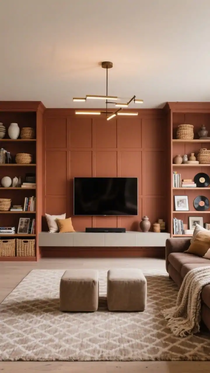 Straight-on wide shot, balanced TV wall studio: TV mounted on a paneled accent wall painted rich clay, with a long, low media console floating beneath. Twin bookcases flank the setup symmetrically. Across from it, a deep-seat sofa; two cube ottomans provide flexible seating. A softly patterned rug grounds the grid. Shelves styled with a mix of ceramics, woven baskets, and framed records. Overhead, a linear chandelier on dimmers to minimize screen glare; varied pillows and a textured throw soften the tech. Photorealistic, warm controlled lighting, refined and cohesive feature wall.