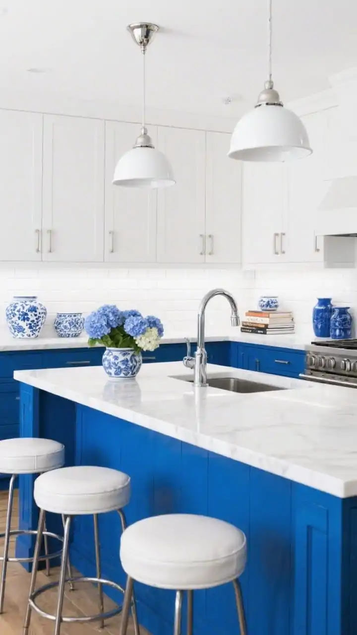 Straight-on wide shot: Bright kitchen with bold cobalt blue lower cabinets and island, brilliant white uppers and walls; pure white quartz counters; white beveled subway tile backsplash with glossy shine. Polished chrome hardware and a sleek chrome pot filler sparkle; glossy white enamel pendants with chrome caps above the island; white leather stools with slender chrome legs. Decor includes blue-and-white pottery, a stack of cookbooks, and fresh hydrangeas; crisp, coastal-meets-city vibe, photorealistic.