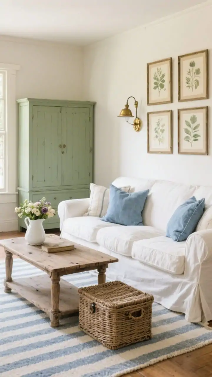 Straight-on wide shot, Classic Cottage Cozy: a rolled-arm slipcovered sectional in crisp white or oatmeal with blue-and-ivory ticking stripe rug beneath; chambray throw pillows layered on the sofa; a painted sage green cabinet along the wall with antique brass picture lights illuminating framed botanical prints above; distressed pine coffee table with a white pitcher of fresh flowers; a wicker basket trunk beside the sofa; soft natural daylight for a timeless cottage feel; textures: cotton slipcover, pine, wicker, linen; palette: oatmeal, sage, soft blue, antique brass; photorealistic.