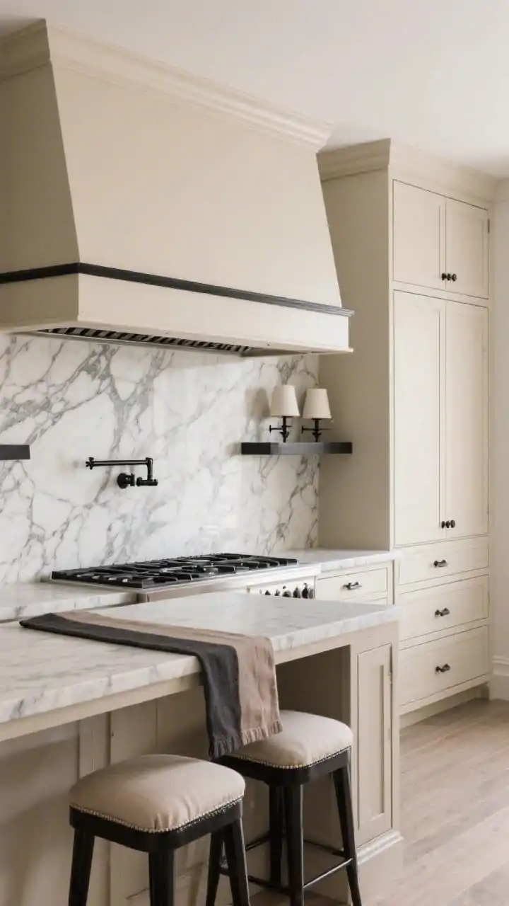 Straight-on wide shot, Modern Classic Beige: inset beige cabinetry with slim shaker rails, dramatic full-height Arabescato-look quartz backsplash with expressive gray veining, matching counters, plaster-style range hood with a subtle band of black trim, matte black hardware, a two-light library sconce over an open shelf, black-framed counter stools with linen seats, runner in taupe and charcoal, balanced warm beige, white stone, and charcoal black palette, even soft lighting.
