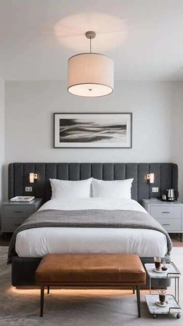 Straight-on wide shot, modern hotel suite at home: channel-tufted bed in charcoal with built-in USB sconces integrated into the headboard, lacquered soft gray nightstands with clean lines, streamlined dresser with hidden pulls. Palette of charcoal, white, and cognac; cognac leather bench at the foot of the bed. Crisp white percale sheets, lofty down duvet, textured piqué blanket folded at the end. Drum-shade ceiling fixture on a dimmer and subtle under-bed LED glow. Oversized art print above the bed, marble catchall trays on a nightstand, small espresso station arranged neatly on a bar cart. Clean, tailored, luxurious feel.