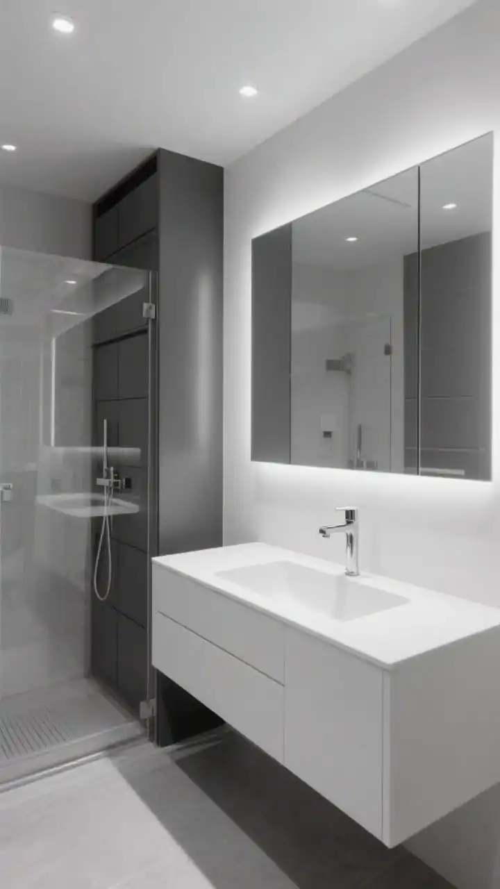 Straight-on wide shot, monochrome minimal ensuite: graphite-and-white scheme with a floor-to-ceiling satin graphite storage tower on the back wall; opposite a gloss-white floating vanity with a rectangular vessel sink and perfectly aligned wall-mounted chrome faucet; clear glass shower with a linear slot drain; full-width backlit mirror creating continuous reflection to visually double the room; recessed downlights for soft, shadow-free illumination; crisp edges, uncluttered surfaces, photorealistic.