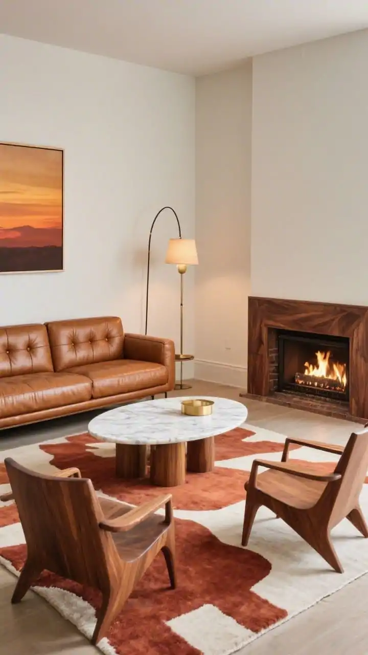 Three-quarter angle shot into a corner fireplace setup with a warm walnut mantel; a low, tufted cognac leather sofa set opposite and slightly rotated to face the flame; two sculptural accent chairs (open-armed teak) angled to mirror the corner geometry; a kidney-shaped marble coffee table centered on a graphic wool rug in rust and ivory; an abstract print in sunset tones on the adjacent wall; a slim arc floor lamp washing warm light over seating; minimal clutter so the silhouettes stand out; palette of walnut, cognac, rust, ivory with brass accents; mid-century vibe, photorealistic.