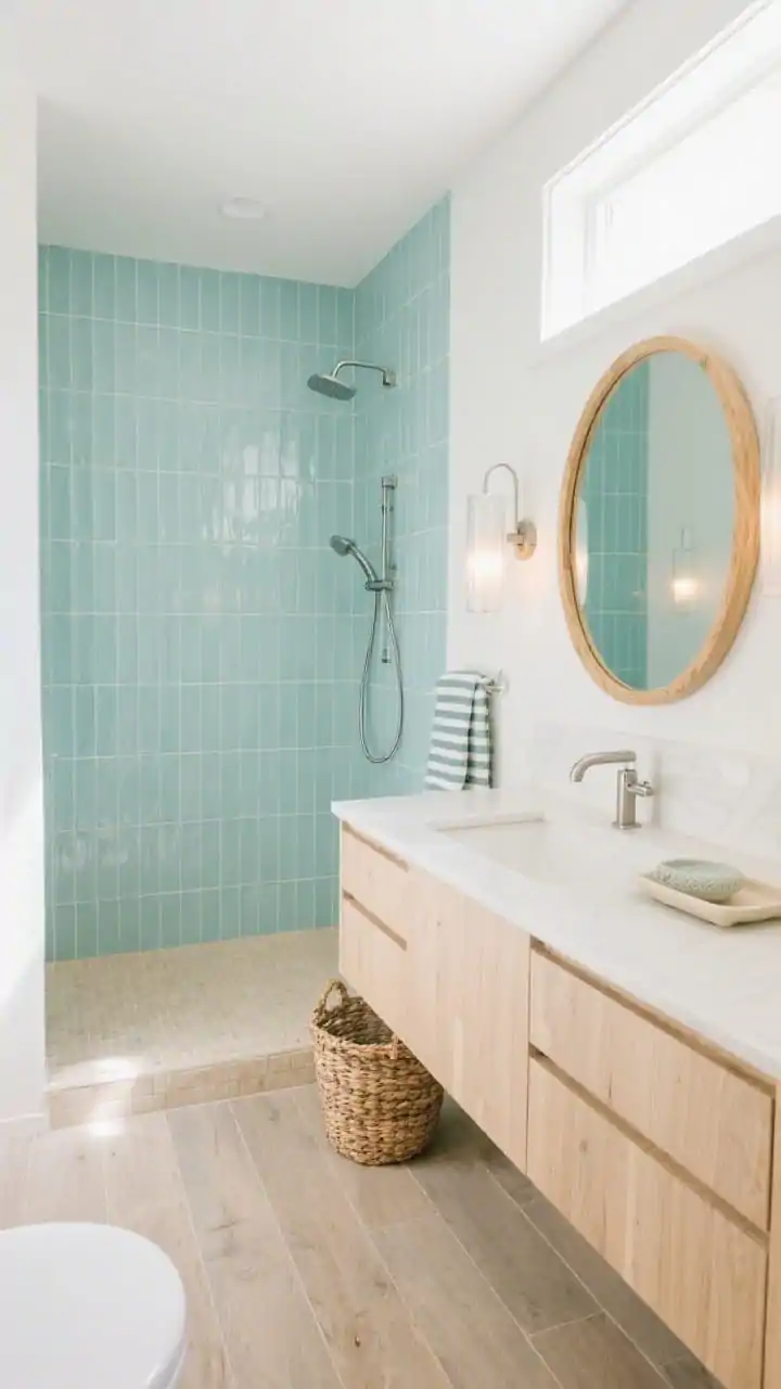 Wide, airy coastal bathroom without clichés: soft blue-green vertical tiles lining the shower creating gentle movement, sand-tone slip-resistant porcelain plank floors, a pale oak vanity, brushed stainless fixtures, and a round wood-framed mirror; frosted sconces providing a diffused glow, accents of a woven basket, striped hand towel, and pale ceramic tray; bright, natural daylight, corner angle to show depth.