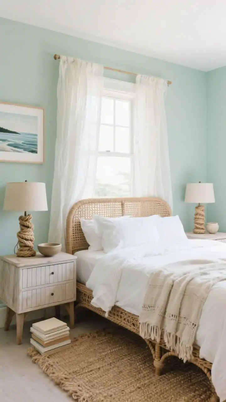 Wide, airy coastal calm bedroom: soft sea-salt green walls, woven rattan bed with white bedding; lightweight percale duvet and a handwoven cotton throw. Breezy sheer curtains billowing with natural light from a large window. Caned-front or bleached oak nightstands with beadboard detail, rope-wrapped table lamps in sand tones, jute/sisal rug grounding the room. Accents include a coastal landscape print, ceramic bowls, and a small stack of linen-covered books on the nightstand. Fresh, breezy, grounded feel, daytime natural light.