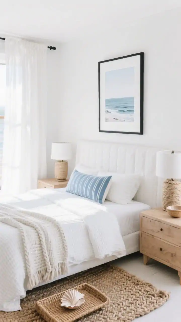 Wide, airy coastal-clean monochrome bedroom: soft white walls, white slipcovered headboard, pale oak nightstands, and white waffle-knit bedding. Texture-forward accents: chunky braided jute rug, rope-wrapped lamp, and a rattan tray styled on the dresser with a single seashell bowl. One restrained color note a cerulean stripe lumbar pillow on the bed. Sheer white curtains, and an oversized coastal photograph in a black frame for contrast. Bright, sunlit ambiance without harsh glare. Photorealistic.