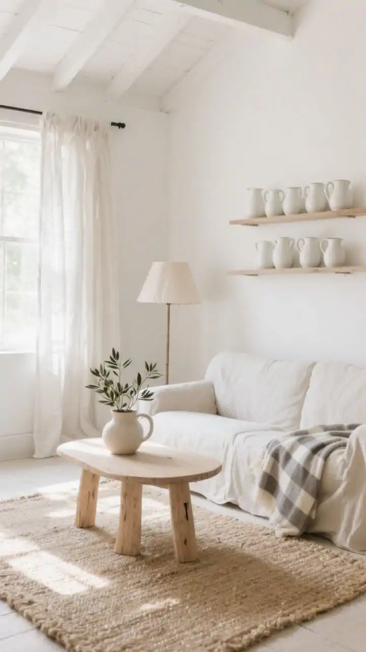 Wide, airy loft shot, straight-on: A sunlit minimalist cottage living room with soft white walls, a linen slipcovered sofa, and a pale oak pedestal table used as a coffee table. Textural layers include a jute rug and linen drapes that puddle slightly at the floor. Open shelves hold a cluster of white ceramic pitchers. A subtle mushroom-gray checkered throw rests on the sofa. Soft natural daylight and a gentle paper lampshade glow; olive branches in a pitcher add freshness. Palette: white, oat, mushroom, pale oak. Photorealistic, no people.