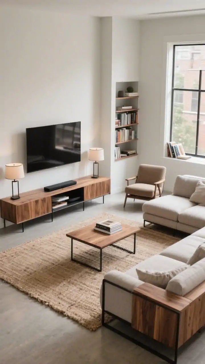 Wide back-to-back zones: compact modular sectional facing a TV on one side and a slimmer armless sectional back-to-back facing a window/reading nook. A shared console table acts as a low divider. Distinct rugs per zone: neutral jute on the lounge side, soft wool on the reading side. Repeated materials black metal and warm oak across both areas for cohesion. Matching floor lamps mirroring the zones; one side shows a media wall, the other a bookcase and an accent chair. Functional, refined, balanced daylight, overhead perspective.