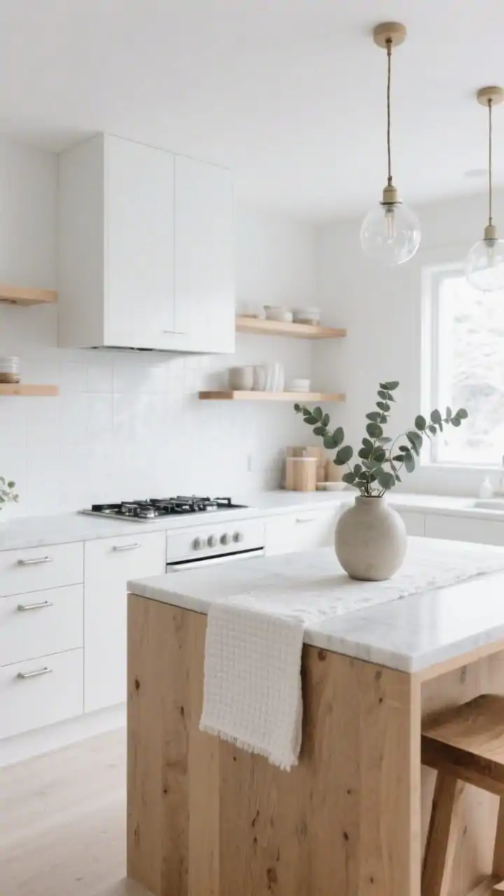 Wide, bright photorealistic Scandinavian kitchen titled “Nordic Snowfall”: matte white flat-panel cabinets, soft white quartz counters, simple white ceramic backsplash, slimline induction cooktop, streamlined white range hood blending into the wall; blonde oak elements including open shelves, a slim light-oak island, and oak toe-kick; brushed nickel pulls; frosted glass globe pendants; nubby linen runner and white waffle dish towels; a single stoneware vase with eucalyptus centered on the island; daylight pouring in, airy, clean, calm atmosphere; no people.