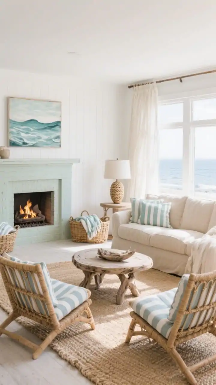 Wide coastal living room shot with a limewashed fireplace and white walls, grounded by a natural jute rug; a plush slipcovered sectional in sand beige hugs the corner nearest the fireplace, keeping sightline open to the flames; across from it, two rattan lounge chairs with striped linen cushions flank a round driftwood coffee table; ocean abstract art above the mantel; baskets with extra throws; gauzy curtains filtering soft daylight; a ceramic table lamp with a rope-wrapped base on a side table; palette of sand, white, sea-glass blue, natural rattan; airy, sunlit, breezy, photorealistic.