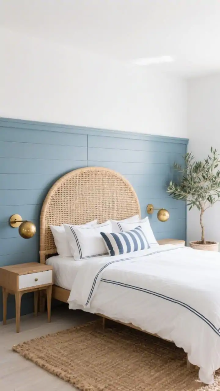 Wide coastal-modern bedroom shot from a corner angle: two-tone board-and-batten back wall with lower two-thirds in muted dusty blue and upper third crisp white. A woven rattan headboard with a gentle arch adds organic texture. Bedding is crisp white with navy piping, striped lumbar pillows centered. Brass globe sconces mounted above nightstands. A jute rug grounds the space; a potted olive tree in one corner. Palette: dusty blue, white, natural rattan, brass. Bright natural daylight.