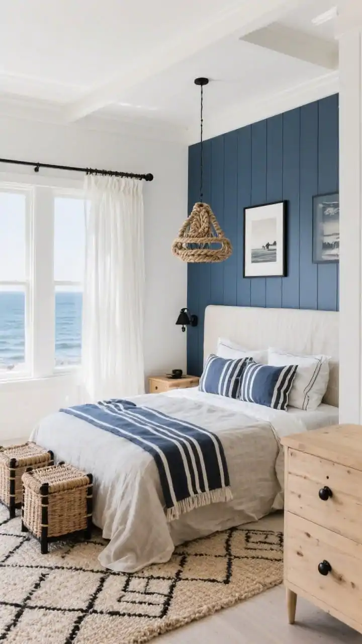 Wide coastal scene, corner angle with architectural emphasis: Crisp white walls contrasted by ink-blue vertical paneling/painted stripe behind a slipcovered bed in stonewashed linen with matching shams and a navy pinstripe throw. Rattan nightstands with black hardware, a rope-wrapped pendant overhead, and a bleached oak dresser. Black accents sharpen the look: black window rods with crisp white ripple-fold drapery. Floor layered with pale sisal and a black-and-ivory kilim. Sepia coastal photography in thin black frames. Bright, airy daylight; photorealistic.