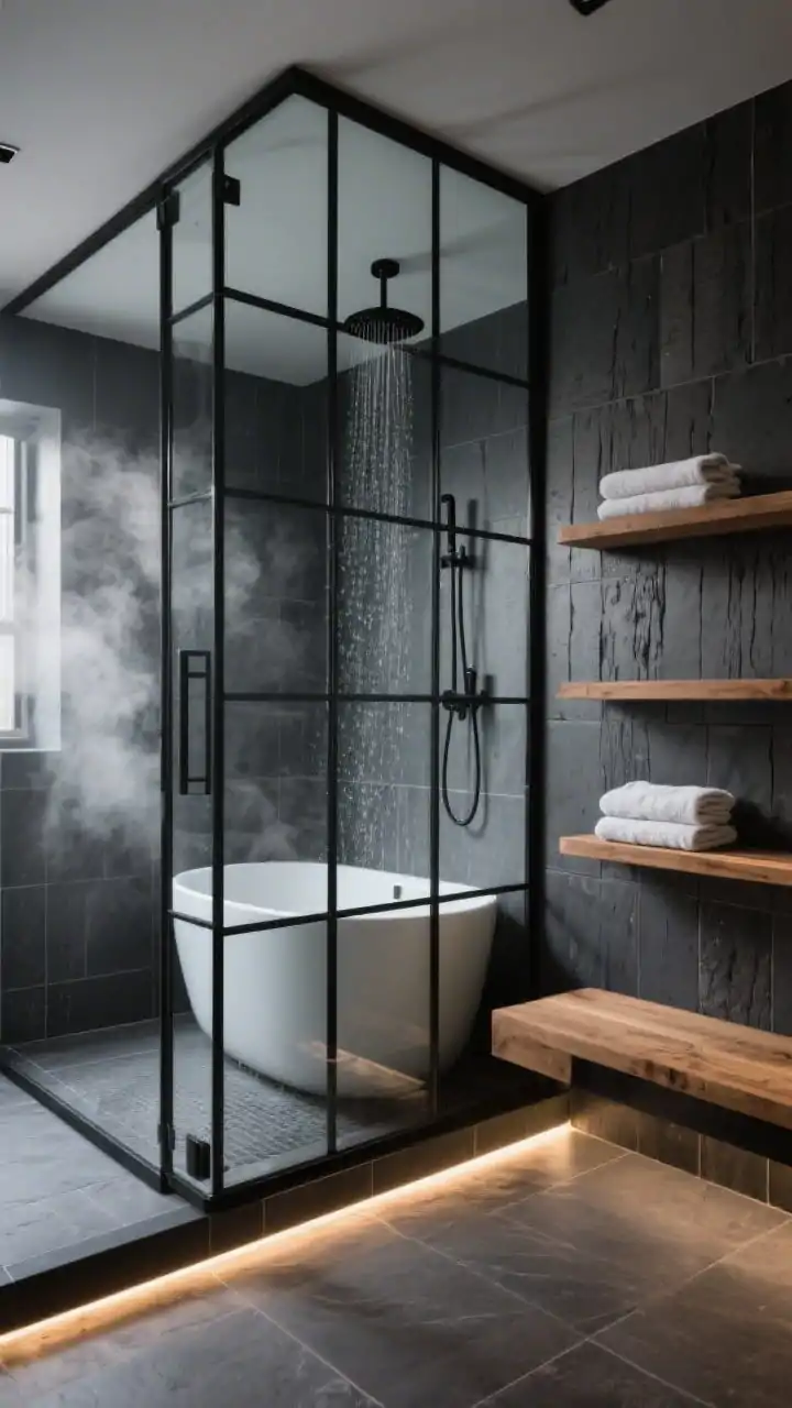 Wide corner angle: A glass-enclosed wet room with black-framed grid panels containing both a freestanding tub and shower. Floor-to-ceiling large-format charcoal porcelain tiles wrap the space. Shou sugi ban–style wood shelves hold folded towels, and a warm cedar bench sits beside the tub. Hidden LED strip lighting glows from beneath a floating black ledge, and a ceiling-mounted matte black rain shower is visible. Atmosphere: moody, spa-like; steam lightly present; photorealistic.