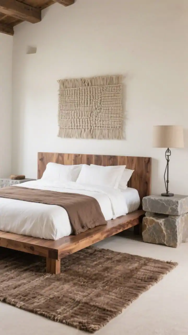 Wide corner angle, Earthy Modern: solid wood platform bed with visible walnut grain, stone-topped nightstands, hand-loomed wool rug in heathered brown; bed dressed in ivory cotton with a mocha coverlet; above the headboard, a neutral-toned textured wall sculpture or woven wall hanging; iron floor lamp with linen shade providing grounded, warm light; materials of stone, wood, wool, clay present; palette of ivory, mocha, slate, walnut; calm, tactile, photorealistic.