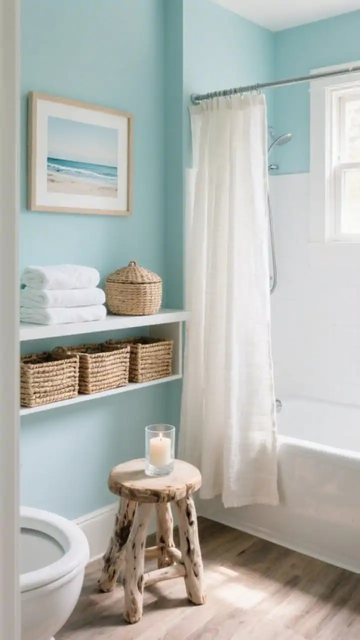 Wide corner angle of a Coastal Calm small bathroom: soft sea-glass blue painted walls, bright white towels stacked on a floating shelf, linen-look shower curtain filtering daylight; woven lidded baskets arranged under the shelf for hidden storage; a driftwood-style stool beside a compact tub; framed coastal landscape print on the wall; renter-friendly wood-look vinyl planks warming the floor; a frosted glass seasalt-scented candle on the stool; airy, sunwashed lighting for a relaxed beach-cottage-in-the-city vibe.