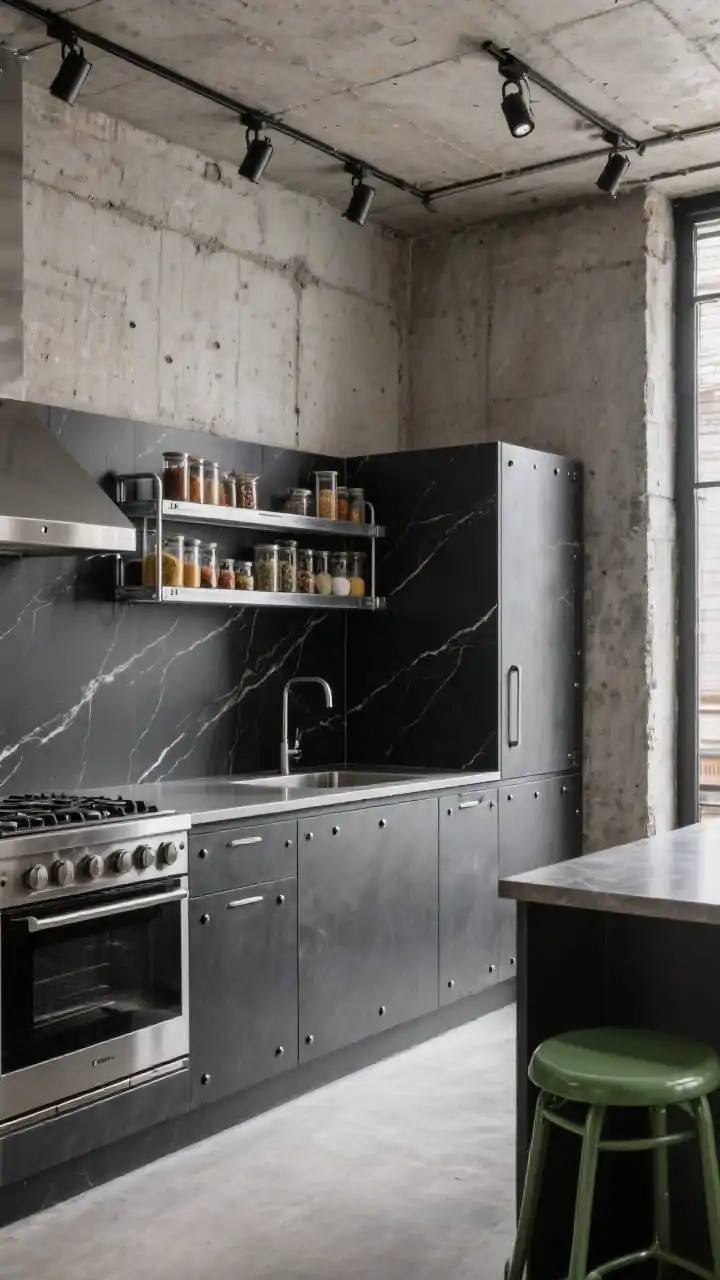 Wide corner angle of an industrial loft kitchen showcasing a seamless black porcelain slab splashback with slight veining, raw concrete walls, and graphite steel cabinets with exposed rivets. Include a stainless worktop with wrapped edges, a professional-style range, and an open galvanized shelf stocked with spices. Track lights with adjustable heads create task zones; add olive green stools as an earthy accent. Photorealistic, gritty, tactile industrial mood.