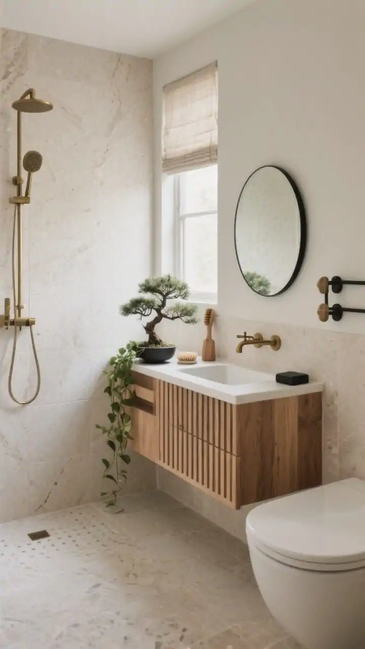 Wide corner angle, photorealistic: A Japandi-inspired small bathroom with large, pale stone-look tiles (minimal pattern) across floor and shower, paired with a slatted oak vanity introducing gentle rhythm. Fixtures in brushed brass (or matte black as accents), a pill-shaped mirror above the vanity, and a simple linen window shade filtering light. Minimal organic styling: a single bonsai (or trailing pothos), a wooden bath brush, and a charcoal soap bar. Calm, airy lighting, no people.