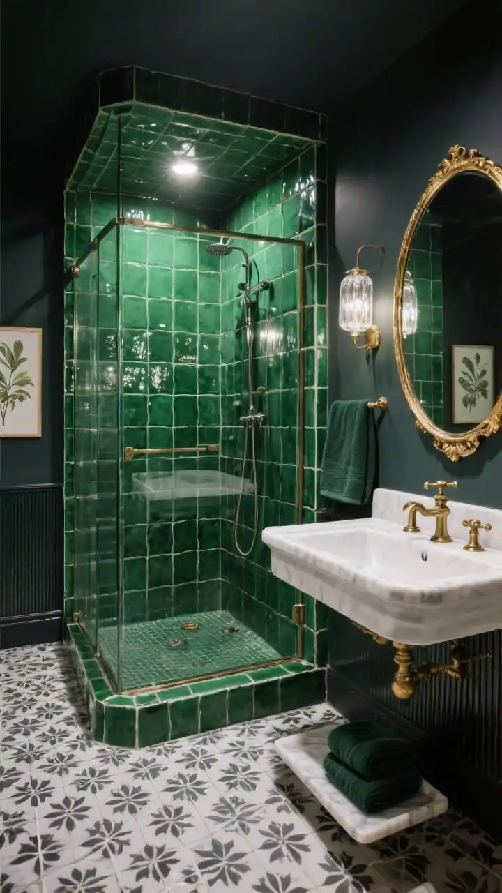 Wide corner shot of a bold emerald shower “jewel box” clad in handmade emerald zellige tiles shimmering under light, clear glass shower door showcasing the tile; adjacent simple white vanity with chunky edge top, antique brass pulls, vintage-look faucet; gilded oval mirror above; black-and-white encaustic-look patterned floor tile; ribbed glass sconces adding sparkle; accents like a botanical print, dark green hand towels, and a marble tray; moody yet luxe lighting, photorealistic.