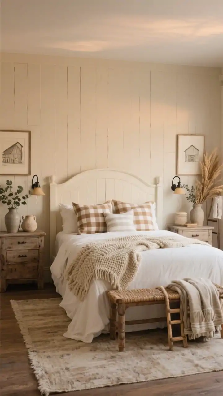 Wide, cozy farmhouse bedroom shot: warm beige painted panel bed centered against a shiplap accent wall in coordinating warm beige; weathered wood nightstands with iron sconce lamps mounted above; buttercream sheets with a chunky knit throw layered over, gingham or ticking-stripe pillows in tan and white; woven bench at the foot, antique-style rug in faded neutrals, ladder blanket rack holding throws; framed barn sketches, stoneware jugs, and dried eucalyptus styling; buttercream, wheat, oatmeal, soft cocoa palette; soft evening glow, photorealistic.