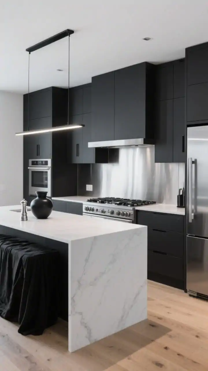 Wide, dramatic “Monochrome Modern”: super-matte charcoal upper cabinets, white slab counters, full-height stainless steel backsplash behind the range; handleless cabinetry, flush-mount hood, waterfall island; stainless appliances including induction cooktop and counter-depth fridge; light oak floors adding a single natural element; linear LED pendant casting crisp, even task light; black pottery and chrome pepper mill on the island with monochrome textiles; sharp, minimal, high-contrast look; no people.