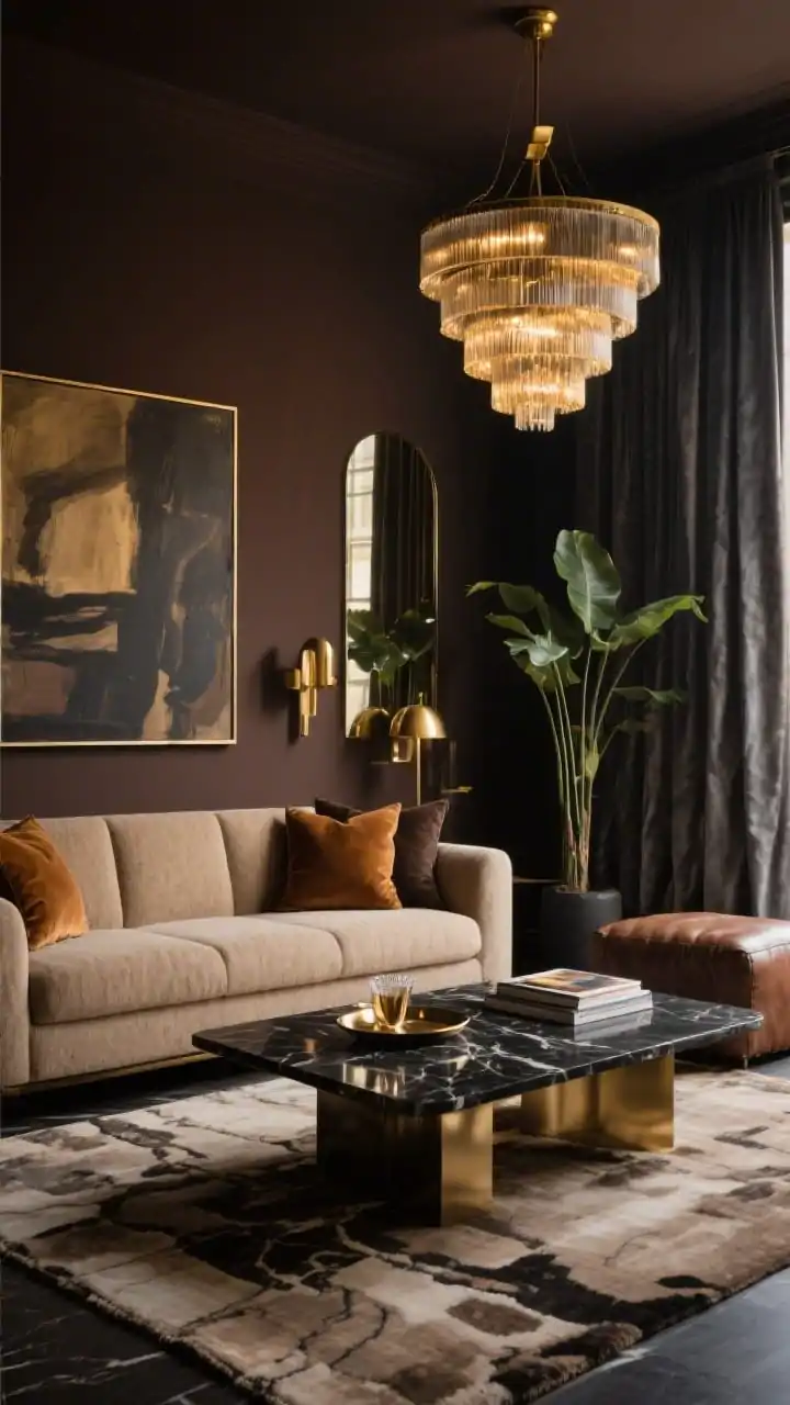 Wide dramatic shot, Moody Luxe: A deep-beige chenille sofa against rich espresso brown walls (with hints of warm charcoal), silk curtains pooling slightly at the floor; a hand-knotted rug in taupe and ink underfoot; a dark marble coffee table with veining echoing the sofa tone, styled with a lacquered cocktail tray and glossy art books; brass statement lighting a tiered chandelier and sculptural wall sconce casting warm, golden reflections onto a smoked mirror; velvet pillows in cognac and sable, a leather ottoman nearby, moody abstract art on the wall; tall floor plant for height; palette of deep beige, espresso, charcoal, brass; intimate hotel-luxe mood, photorealistic.