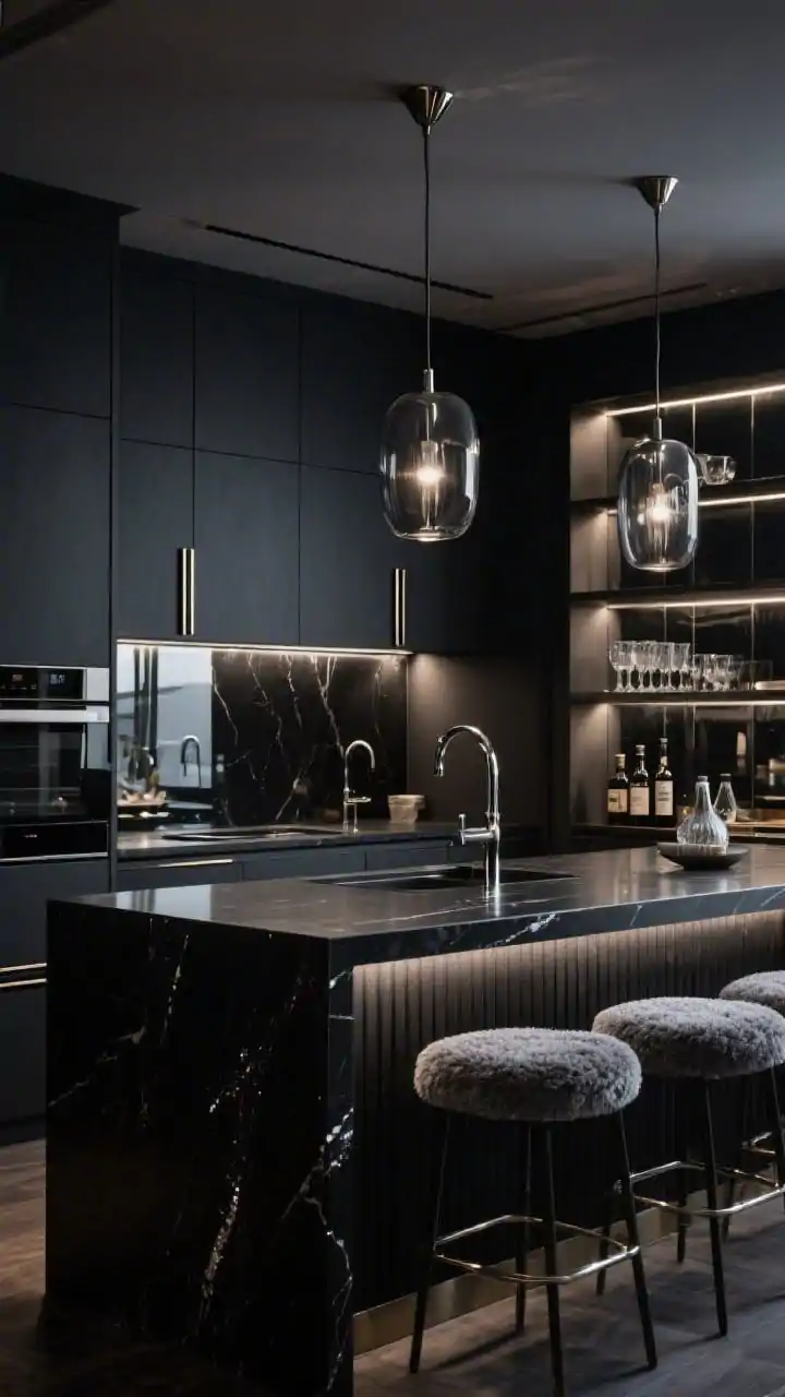 Wide, evening-lit scene of a moody luxe kitchen featuring a smoked black mirror splashback reflecting soft light, slab-front charcoal cabinetry with integrated channel pulls, and a black quartz waterfall island with subtle sparkle. Hang smoked glass pendants overhead, and include polished chrome accents for crispness. Create a niche backbar with mirrored backing displaying glassware and a few bottles; add graphite boucle barstools. Photorealistic, glamorous, low-key reflective ambiance.
