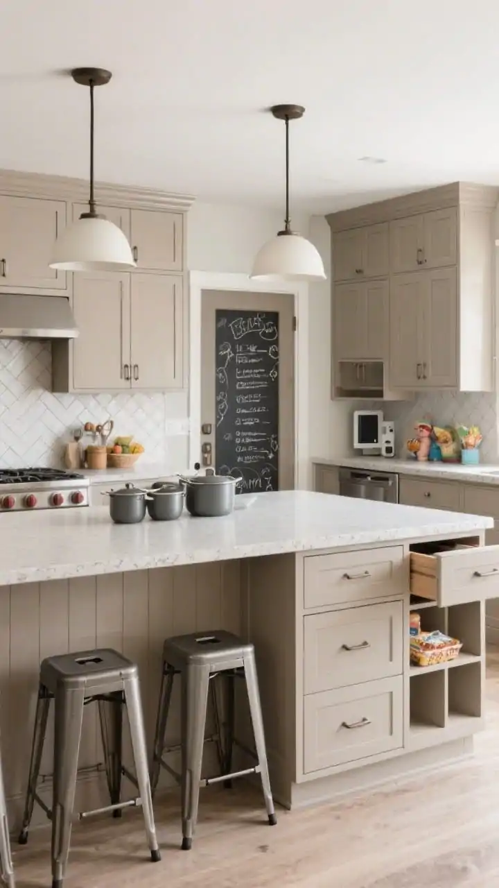 Wide family-friendly kitchen centered on a multifunctional island: durable warm greige shaker cabinets, large island with matte quartz countertop that resists fingerprints, one island side showing deep drawers for pots, the other side revealing a charging drawer slightly open and a kid-height snack nook with organized cubbies, wipeable porcelain tile backsplash in a soft chevron pattern, wipe-clean vinyl stools with footrests lined up, sturdy dome pendants overhead with a practical finish, a pantry door ajar to reveal a chalkboard panel with lists and doodles; beautiful yet practical, lived-in but tidy, photorealistic.