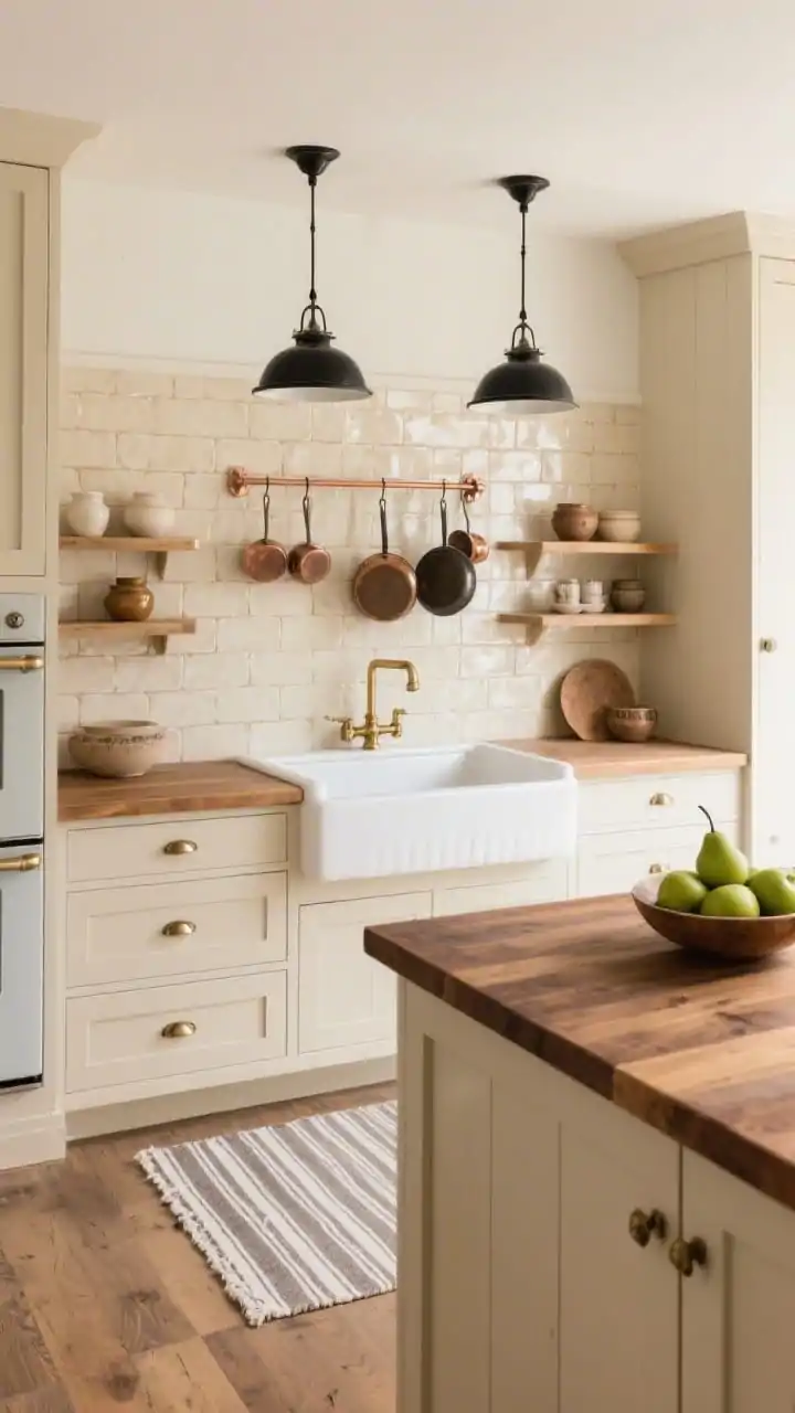 Wide farmhouse scene, Farmhouse Refined Beige: beige shaker cabinets framing a large white apron-front sink, creamy zellige tile backsplash with subtle handmade gloss variation, warm walnut island with butcher-block top, light oak open shelves displaying pottery, antique brass hardware, two black barn-style pendants over island, copper pot rail with a few hanging pans, striped runner on floor and a bowl of green pears for a fresh pop, cozy yet polished, soft morning light.