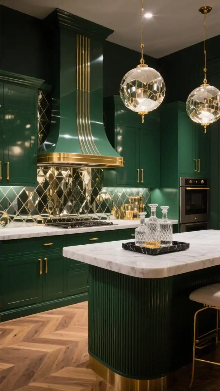 Wide glamour shot of an Art Deco-inspired kitchen wall: smoked mirrored glass mosaic backsplash with subtle bevels bouncing light; deep emerald green cabinetry with polished gold pulls; white quartz countertop with faint veining; statement hood in a curved/stepped profile with a gold band; fluted-front island in view; pair of sculptural globe pendants overhead; bar vignette with cut-glass decanters on a black marble tray; herringbone wood flooring adding warmth. Photorealistic, evening ambient glow to enhance reflections and gold, slight low-angle perspective for drama.