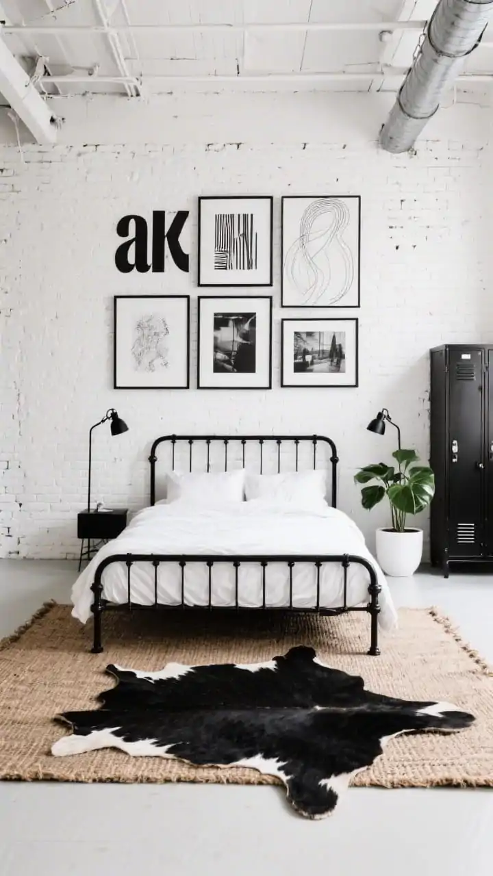 Wide, Graphic Gallery Loft: white-painted brick wall covered with an oversized black-and-white gallery arrangement typography, abstract line art, and photos in black frames with big white mats; a simple black iron bed frame with ultra-white bedding centered below; layered rugs: a natural black jute rug with a cowhide casually over it; industrial black swing-arm sconces flanking the bed; a black steel locker-style dresser to one side; a single leafy green plant in a white pot for life; crisp daylight, loft ceiling height visible, photorealistic.