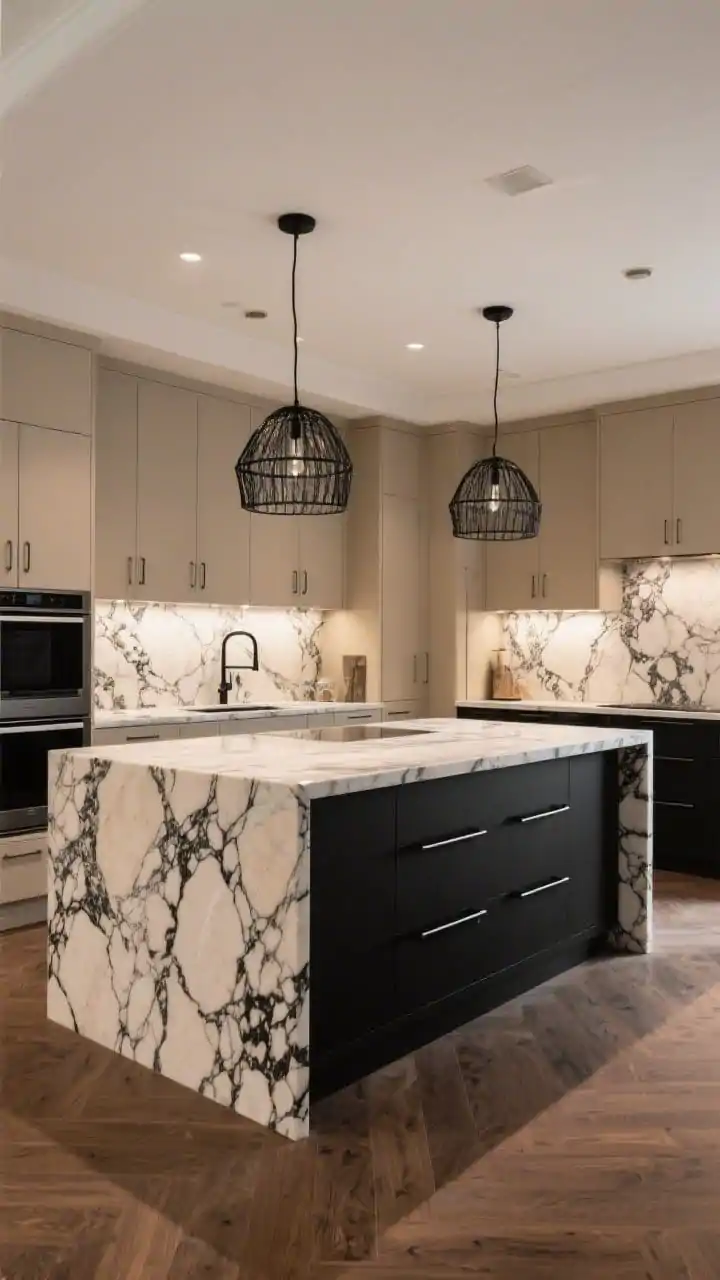 Wide, high-contrast luxe kitchen scene: toasted-beige wall cabinets, jet-black island base with extra-long linear black pulls; centerpiece waterfall island in dramatic bookmatched marble with beige-on-black veining cascading both sides; smoked oak floors, pair of black mesh pendants overhead; marble-ledge backsplash for a tailored custom finish; crisp, dramatic lighting emphasizing stone patterns.