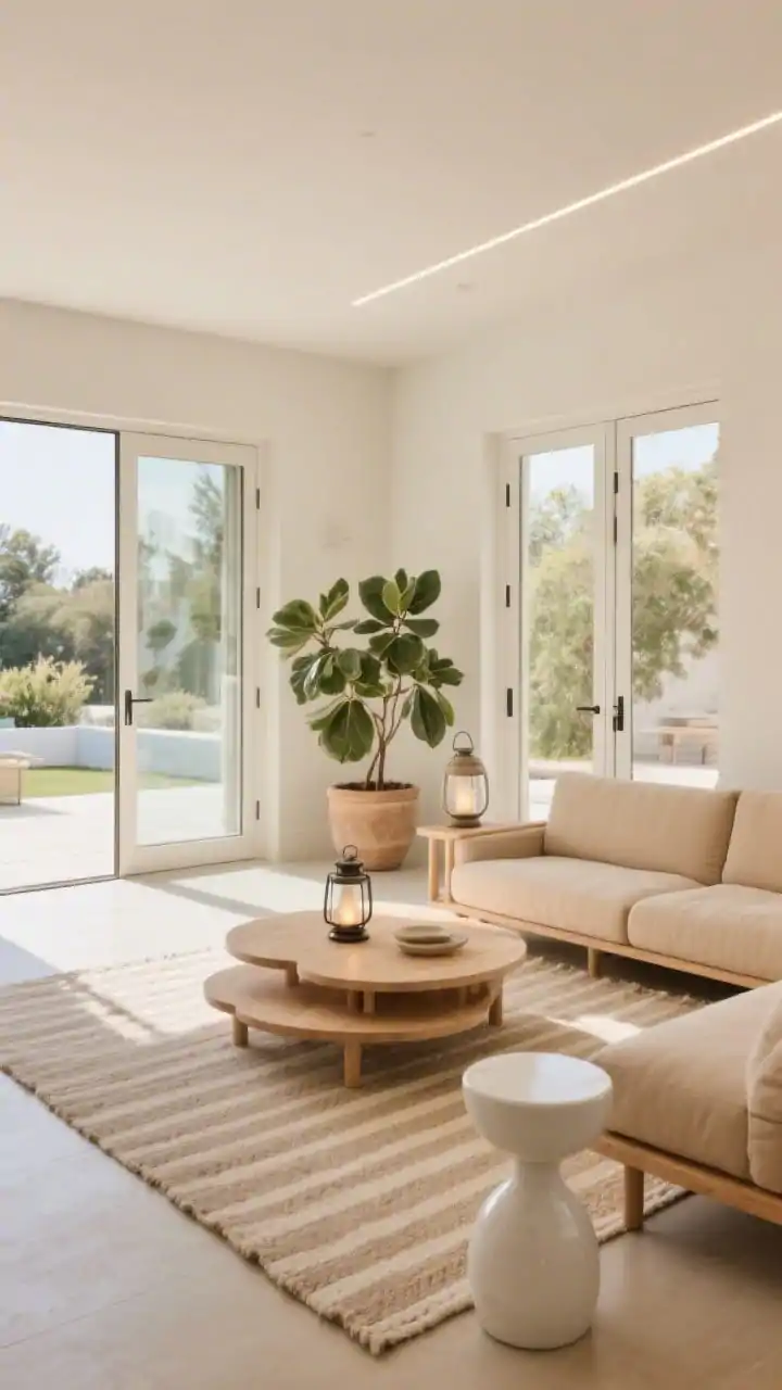 Wide indoor-outdoor flow: open-ended L-sectional in warm sand floated facing sliding doors to a patio, with clear pathways aligning to the exterior. Nesting coffee tables in pale oak and white lacquer, ceramic stools that can transition outdoors. Flatweave indoor-outdoor rug in a soft stripe subtly blurring boundaries. Oversized planters with olive or rubber plants near the doors, linear LED along the ceiling plus a portable lantern lamp on a table. Effortless, sunlit vacation-at-home vibe, bright natural daylight, straight-on toward the sliders.