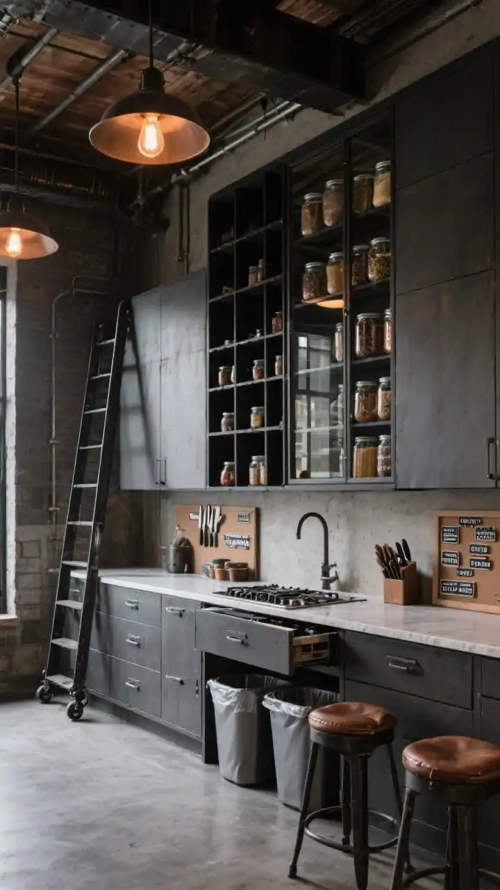 Wide, Industrial Loft kitchen wall: matte graphite cabinets paired with blackened steel cubbies, a rolling library ladder on a rail accessing sky-high uppers; glass-door pantry showing uniformly jarred dry goods; heavy-duty drawers below for cast iron, pull-out knife block extended by the prep zone; swing-out integrated trash/recycling/compost trio partially open; end panels as magnetic spice boards with labeled tins; concrete-look quartz counters, Edison pendants glowing warm, leather stools; rugged, workshop vibe with evening industrial lighting.
