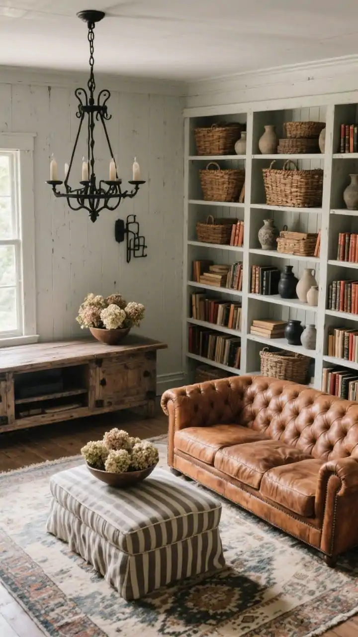 Wide library lounge shot from a slight overhead angle: A weathered farmhouse living room with chalky greige walls and a reclaimed wood media console. An entire wall of bookshelves is filled with woven baskets, stoneware, and novels with sepia spines. A tufted leather loveseat in worn caramel pairs with a striped ticking ottoman over a faded kilim rug. Overhead hangs a forged-iron chandelier; a bowl of dried hydrangeas rests on the console. Subtle late-afternoon light with inky black iron hardware accents. Palette: greige, caramel, rust, inky black. Photorealistic, no people.