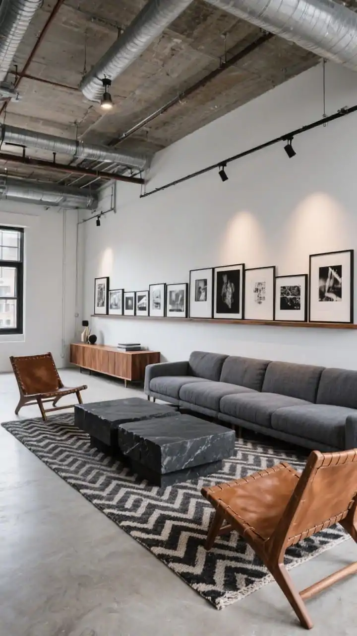Wide loft layout in an open plan: long, low-profile sectional in slate performance fabric running along one side to define the living zone. Opposite sits a monolithic black stone or concrete block coffee table. Above the sofa, a gallery-style picture ledge with layered black-framed prints; track lighting washing the art and sofa. Flatweave herringbone rug anchoring, low walnut media cabinet spanning the full wall, two nutmeg leather sling chairs across the table. Urban, curated loft energy, balanced ambient + track lighting, straight-on view.