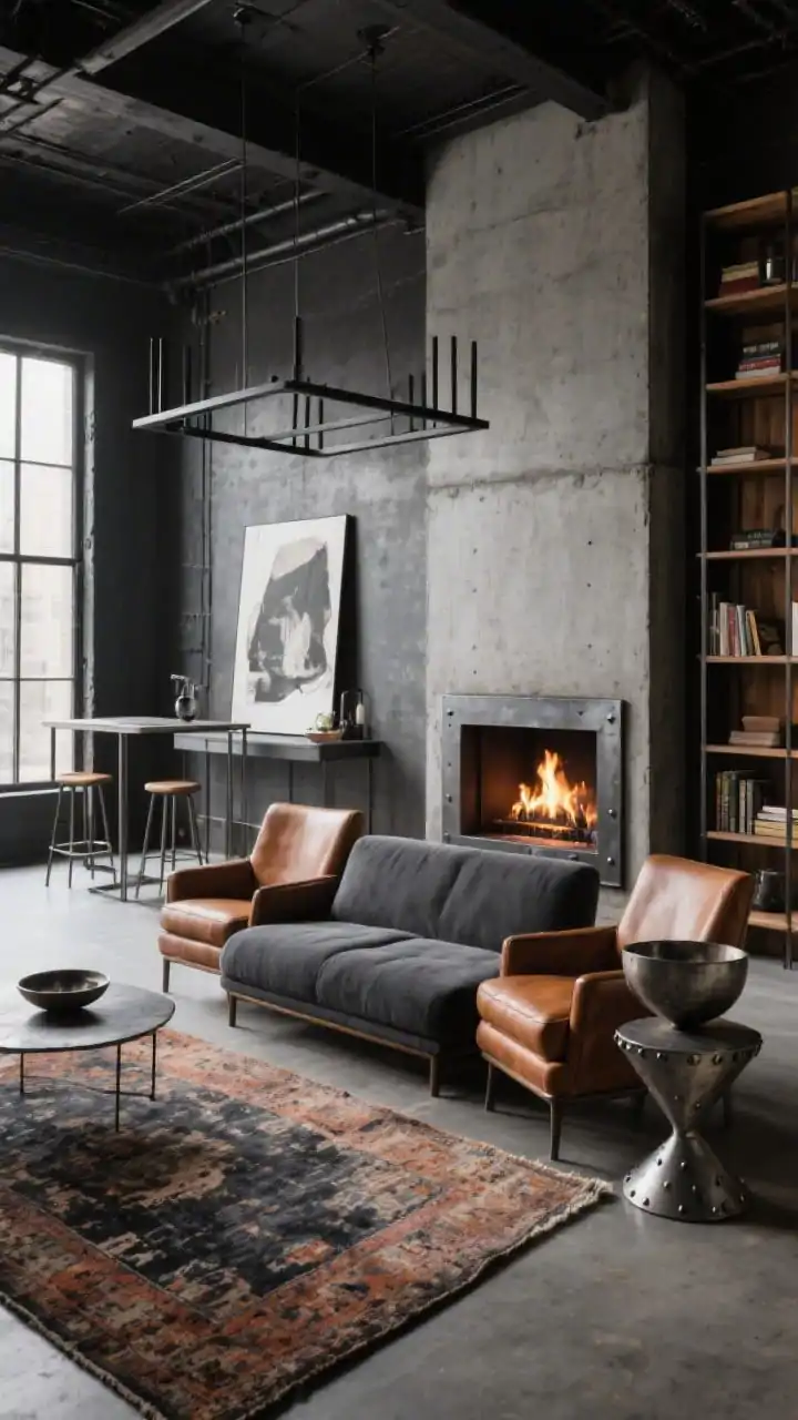 Wide loft lounge shot defining zones with rugs: a bold concrete fireplace surround with a steel ledge; a charcoal chaise sofa faces the flames; two cognac leather club chairs across from it atop a distressed vintage rug in charcoal and rust; behind the sofa, a secondary area with a slim bar cart and a high console table with two stools for casual dining; overhead, a black linear chandelier marks the lounge zone; a metal-and-wood bookshelf flanks one side of the fireplace for height; industrial accents including a riveted side table, sculptural metal bowl, and oversized art leaning casually on the mantel; palette of charcoal, cognac, concrete gray, blackened steel; moody-industrial, photorealistic.