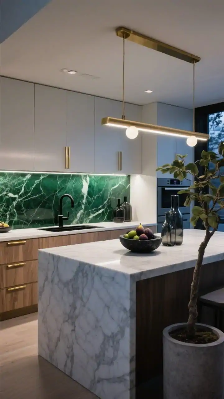 Wide luxury contemporary kitchen shot with dramatic lighting: high-polish emerald green marble slab backsplash with deep veining glowing under hidden LED strip lighting, rift-sawn white oak flat-front cabinets with ultra-slim brass pulls, integrated appliance pulls, a soft white-gray waterfall quartzite island, linear brass pendant with opal diffusers above, matte black faucet, accents of smoked glass decanters, black stone fruit bowl, and a fig tree in a concrete planter; evening ambiance, corner perspective; photorealistic.