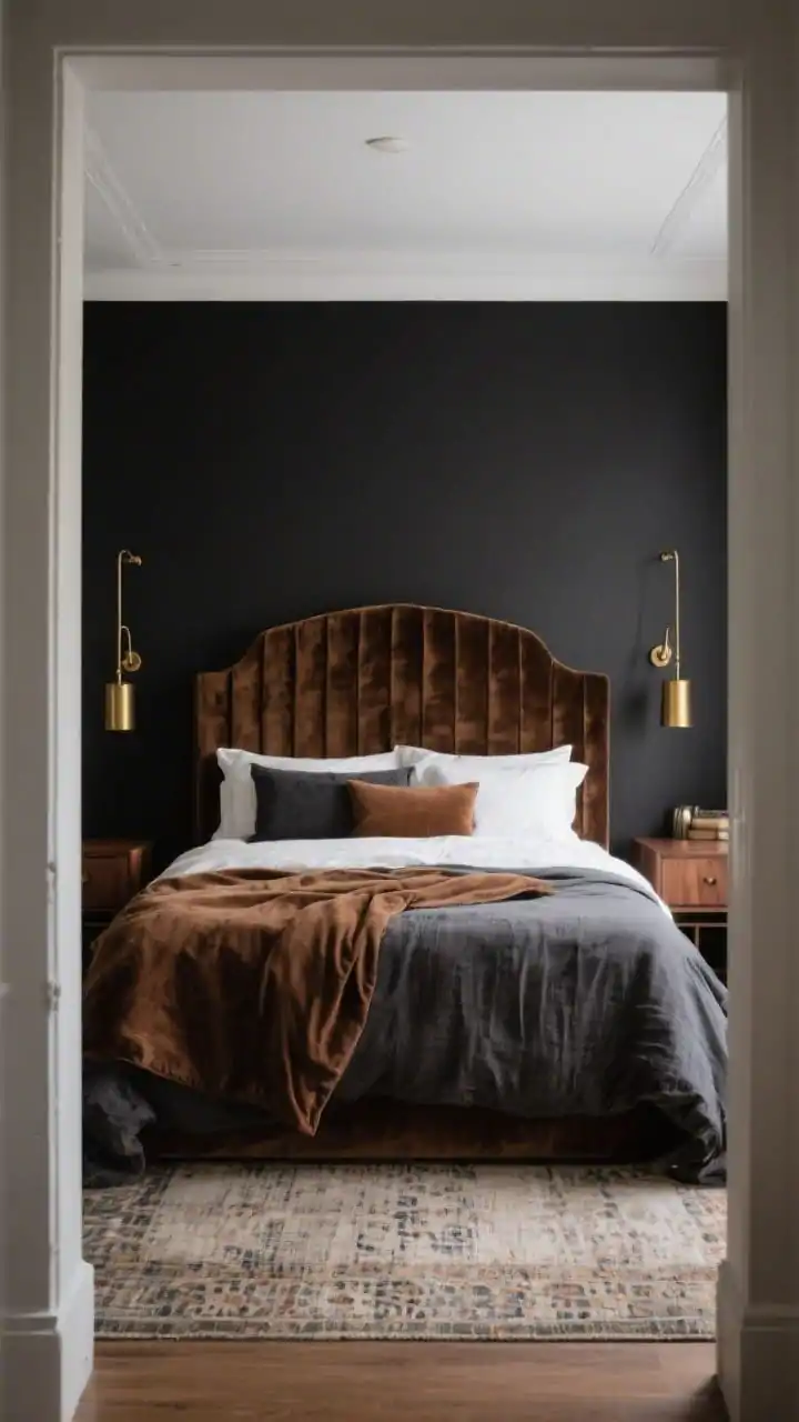 Wide, moody bedroom shot from the doorway: the back wall painted deep charcoal, almost inky black. A wrapped velvet headboard with softly rounded corners in rich tobacco/charcoal velvet anchors the bed. Brushed brass swing-arm sconces mounted on either side, walnut nightstands, layered bedding in tobacco, slate, and ivory. A vintage rug with subtle pattern underfoot. Ceiling remains white. Low, warm lighting highlights brass accents and velvet texture.