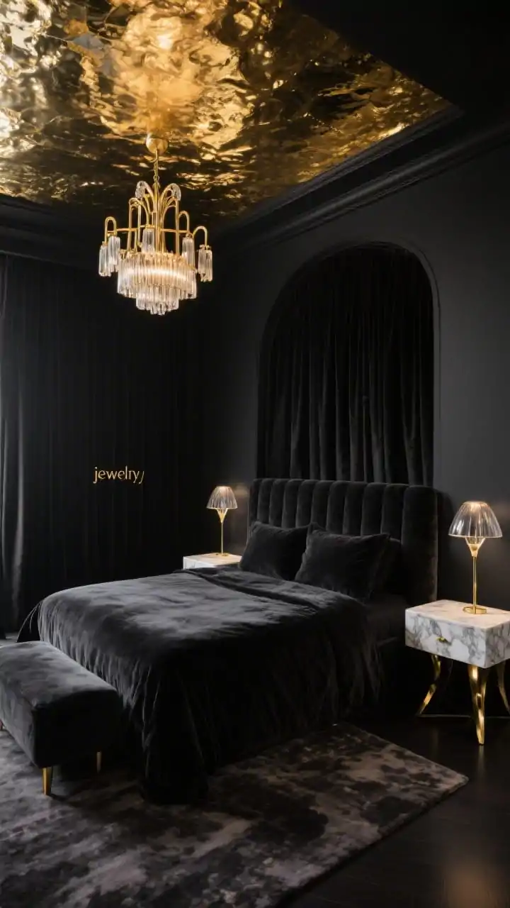 Wide, moody hotel-luxe bedroom with upward emphasis: black satin-finish walls and a luminous gold-leafed ceiling reflecting light like champagne; upholstered graphite velvet bed; floor-to-ceiling blackout drapes in deep black; marble-topped nightstands with gold legs; sculptural smoked glass chandelier with brass arms as focal “jewelry”; layered lighting (chandelier glow plus subtle bedside sconces and a slim brass floor lamp), plush tonal rug softening acoustics; dramatic, intimate atmosphere.