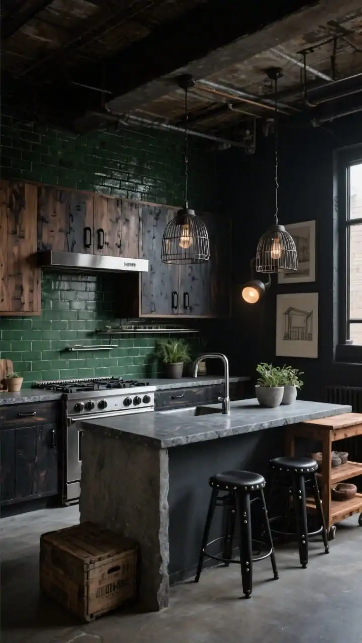 Wide moody urban loft scene: deep forest-green brick tiles with charcoal grout rising to the ceiling behind a stainless range, smoked/charred-oak cabinets with blackened steel hardware, honed soapstone counters. Industrial cage pendants and a metal-shaded task sconce over the sink cast dramatic shadows, a continuous steel shelf replaces uppers on the range wall, black metal stools with leather seats and exposed rivets at the island, concrete planters, vintage crates, framed architectural prints, and a walnut butcher block cart nearby; gritty, evening loft vibe; angled view; photorealistic.