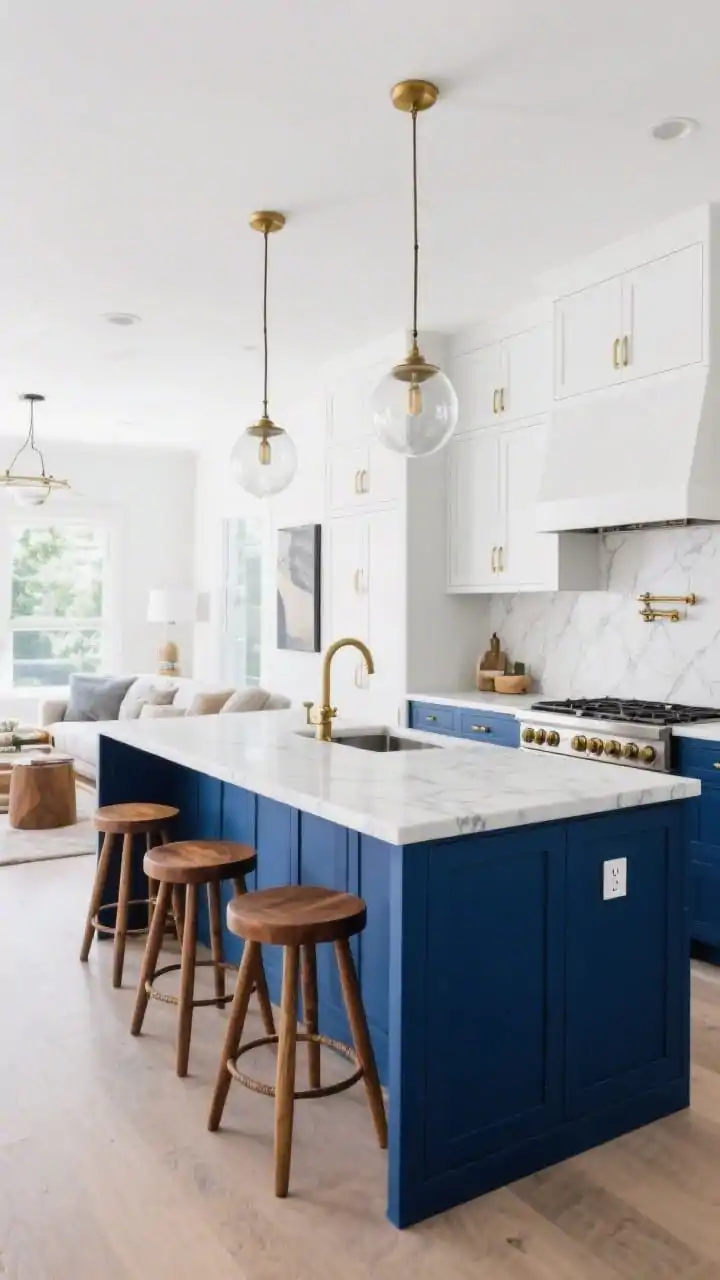 Wide open-plan kitchen-living space emphasizing a bold two-tone peninsula: navy blue island and base cabinets contrasted with crisp white uppers, peninsula defining the kitchen zone with an overhang seating three warm oak bar stools, white quartz countertops with subtle veining, full-height slab backsplash behind the cooktop, brass hardware throughout, globe glass pendants in brushed brass over the peninsula, a discreet pop-up socket visible on the counter; social, bright, magazine-ready scene, photorealistic.