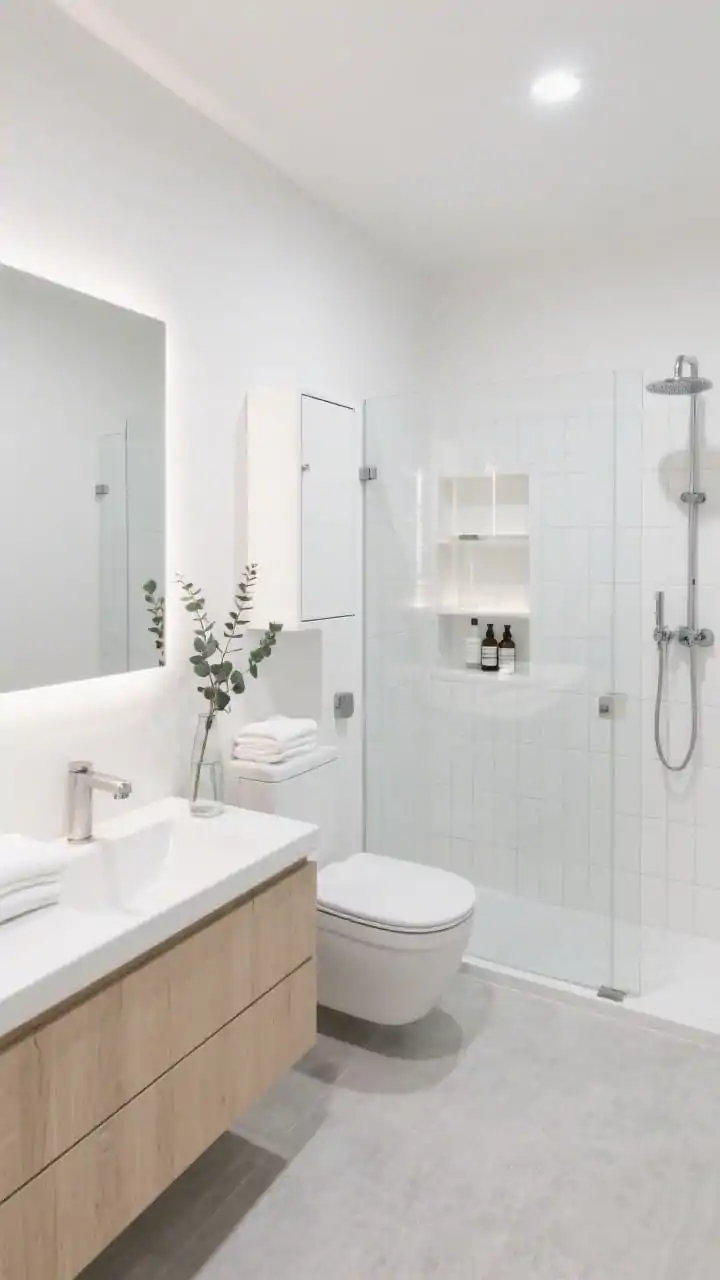Wide overhead/angled shot of a Scandinavian light box bathroom: white satin walls, pale ash vanity, rimless backlit mirror providing bright task lighting; clear-glass shower with stacked white subway tiles and bright white grout forming a clean grid; recessed shelf in shower for bottles; light gray porcelain floor with subtle linen texture; brushed stainless hardware; tall shallow push-latch cabinet above the toilet; eucalyptus in a slim vase and neatly folded white towels; bright, airy, organized feel, photorealistic.