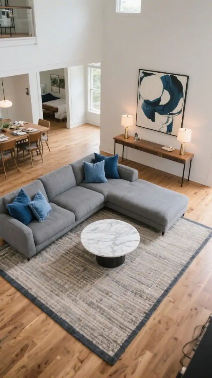 Wide overhead-angled shot, open-plan retreat with clear traffic flow: a graphite gray sectional backs to a dining area, acting as a soft divider. A narrow console table with two small lamps sits behind the sectional, defining the edge. A flatweave rug marks the living zone, with at least a 36-inch walkway around the perimeter. Oval marble coffee table (no sharp corners) centered in front of the sectional. Indigo pillows, warm oak tones in flooring and accents. One oversized abstract artwork above the sofa anchors the zone. Photorealistic, even ambient light, spacious, intentional lanes for movement.